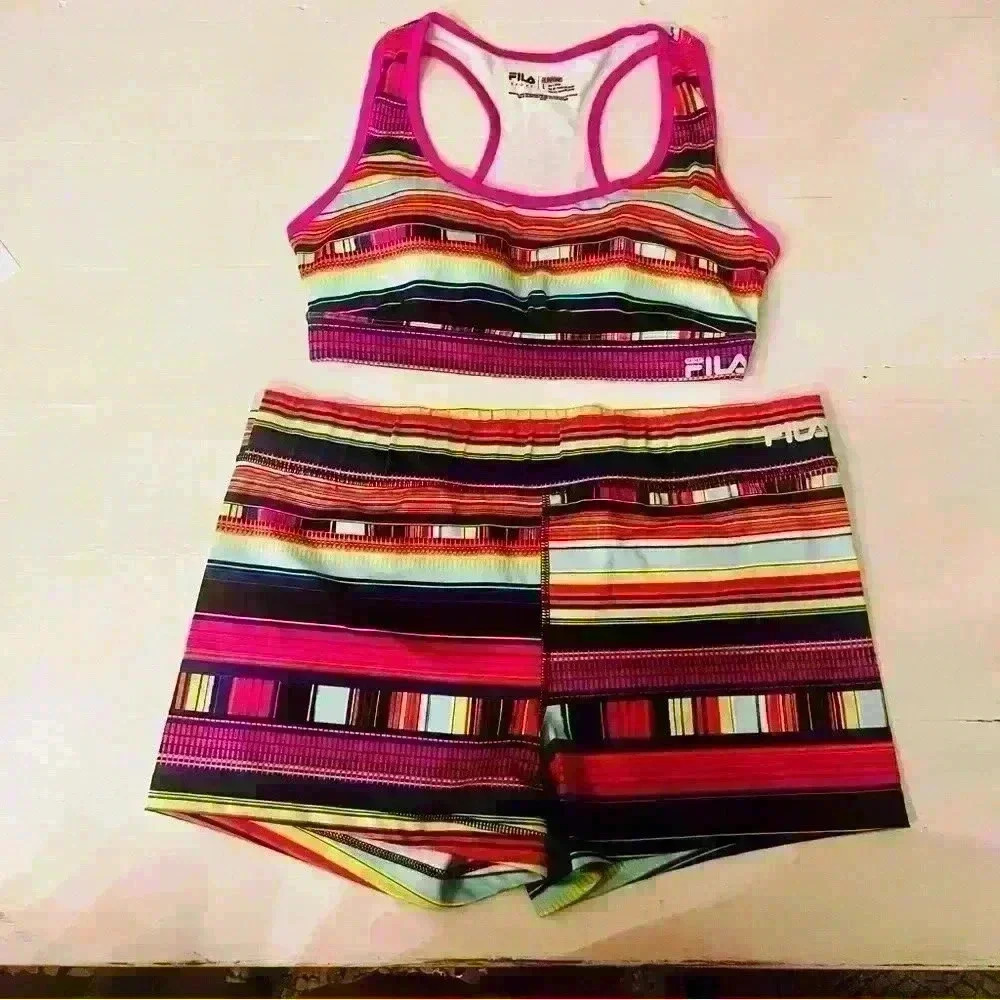 Tribal print neon color block striped Fila athletic set